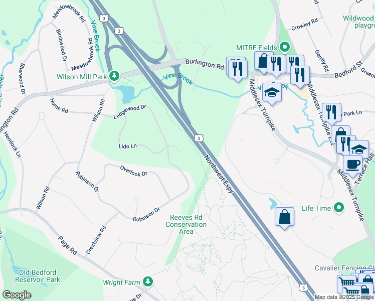 map of restaurants, bars, coffee shops, grocery stores, and more near 35 Lido Lane in Bedford
