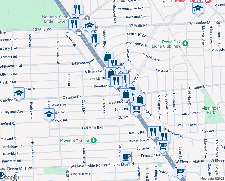 map of restaurants, bars, coffee shops, grocery stores, and more near 1205 Catalpa Drive in Berkley