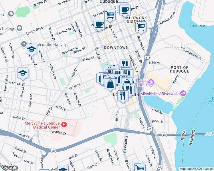 map of restaurants, bars, coffee shops, grocery stores, and more near 450 Haydens Lane in Dubuque
