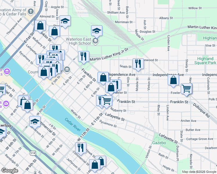 map of restaurants, bars, coffee shops, grocery stores, and more near 1129-1133 Franklin Street in Waterloo
