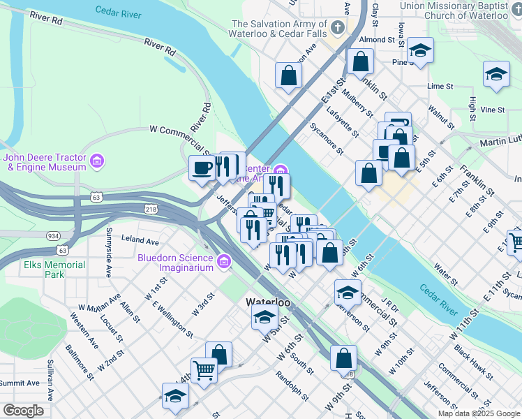 map of restaurants, bars, coffee shops, grocery stores, and more near 303 Jefferson Street in Waterloo