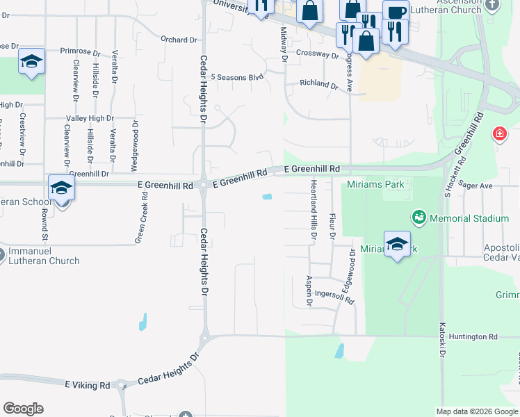 map of restaurants, bars, coffee shops, grocery stores, and more near 4054 Jill Drive in Waterloo