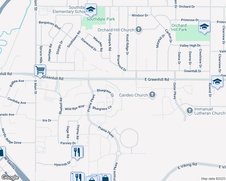 map of restaurants, bars, coffee shops, grocery stores, and more near 1209 Bluegrass Circle in Cedar Falls