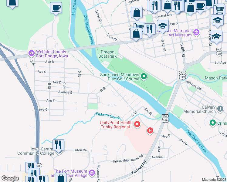 map of restaurants, bars, coffee shops, grocery stores, and more near 733 F Street in Fort Dodge