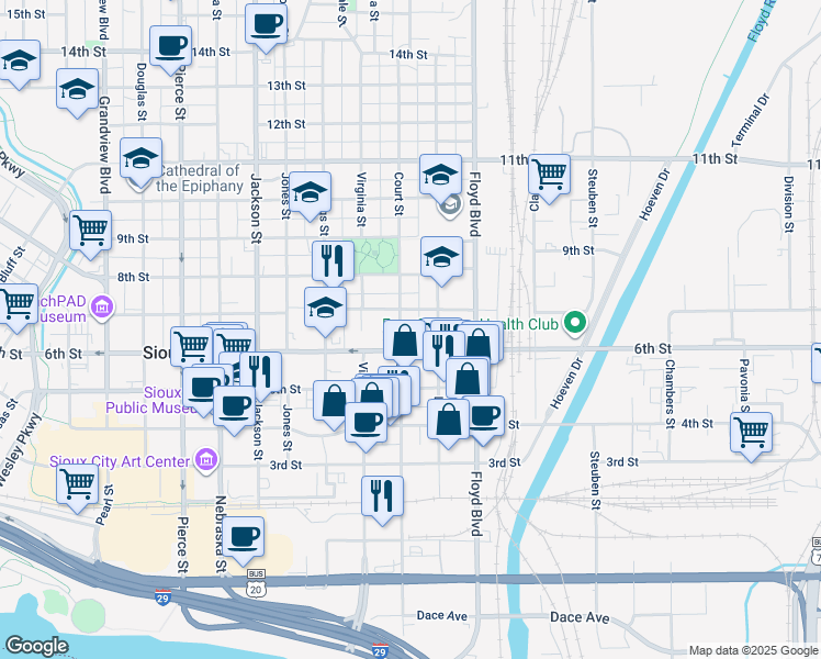map of restaurants, bars, coffee shops, grocery stores, and more near 600 Court Street in Sioux City