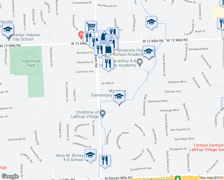 map of restaurants, bars, coffee shops, grocery stores, and more near 19750 South Villa Drive in Southfield