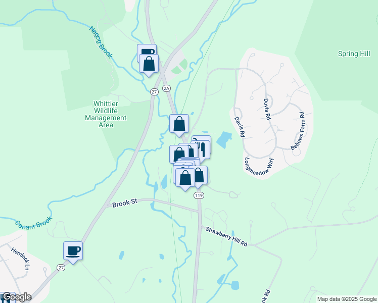 map of restaurants, bars, coffee shops, grocery stores, and more near 289 Great Road in Acton