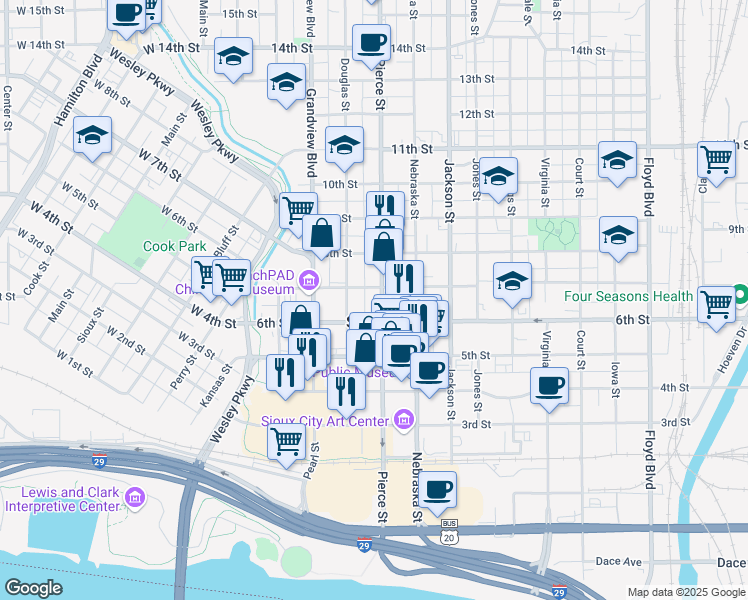 map of restaurants, bars, coffee shops, grocery stores, and more near in Sioux City