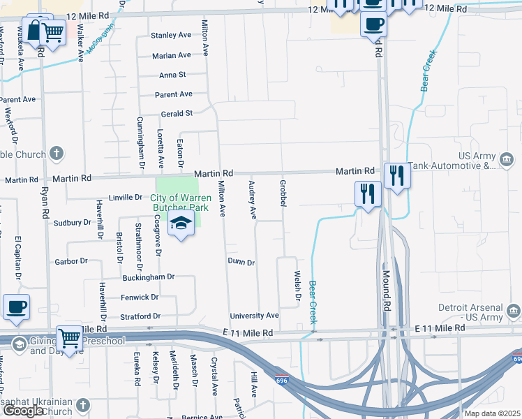 map of restaurants, bars, coffee shops, grocery stores, and more near 5144 Sudbury Drive in Warren