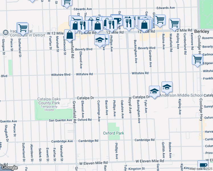 map of restaurants, bars, coffee shops, grocery stores, and more near 2678 Bacon Avenue in Berkley