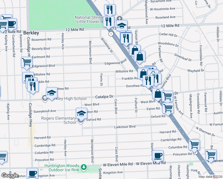 map of restaurants, bars, coffee shops, grocery stores, and more near 1542 Catalpa Drive in Berkley