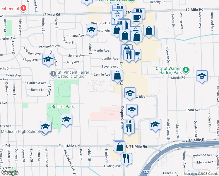 map of restaurants, bars, coffee shops, grocery stores, and more near 27777 Dequindre Road in Madison Heights