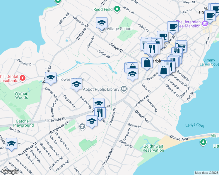 map of restaurants, bars, coffee shops, grocery stores, and more near 16 Devereux Terrace in Marblehead