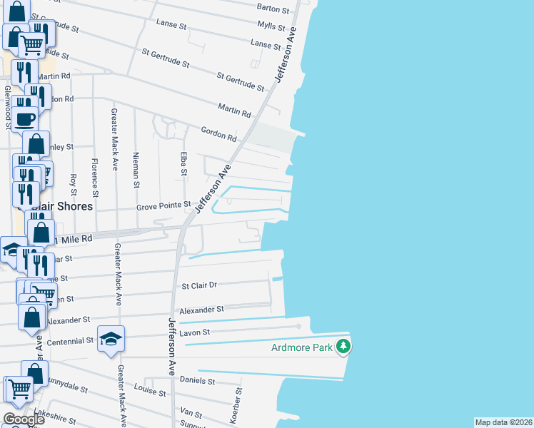 map of restaurants, bars, coffee shops, grocery stores, and more near 22619 East Eleven Mile Road in St. Clair Shores