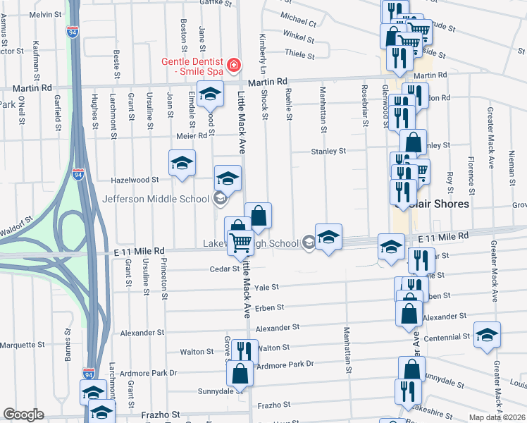 map of restaurants, bars, coffee shops, grocery stores, and more near 27729 Shock Street in St. Clair Shores