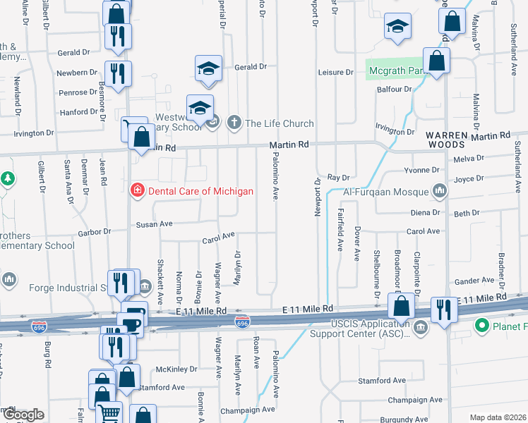 map of restaurants, bars, coffee shops, grocery stores, and more near 27543 Palomino Drive in Warren