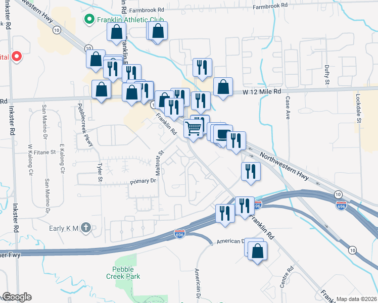 map of restaurants, bars, coffee shops, grocery stores, and more near 28465 Franklin Road in Southfield