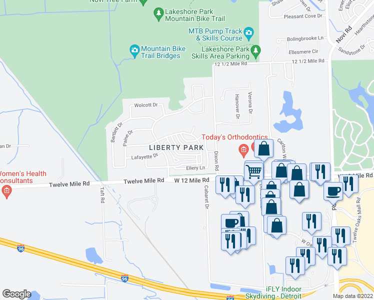 map of restaurants, bars, coffee shops, grocery stores, and more near 27887 Hopkins Drive in Novi