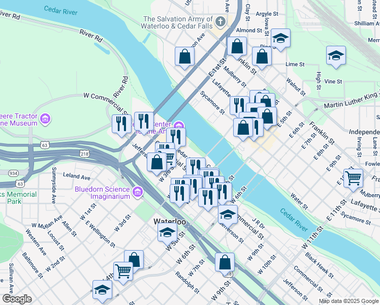 map of restaurants, bars, coffee shops, grocery stores, and more near 425 Cedar Street in Waterloo