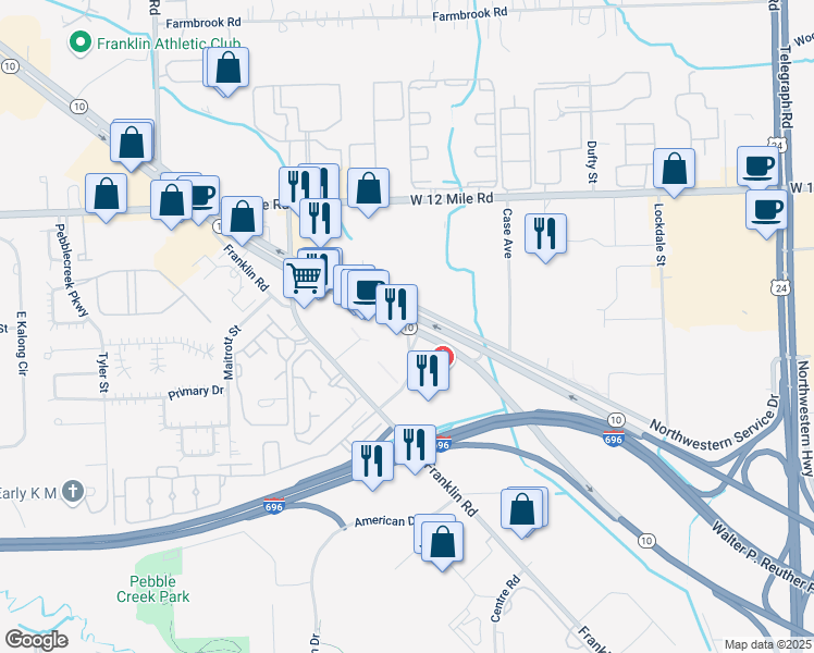 map of restaurants, bars, coffee shops, grocery stores, and more near Northwestern Highway & Beck Road in Southfield