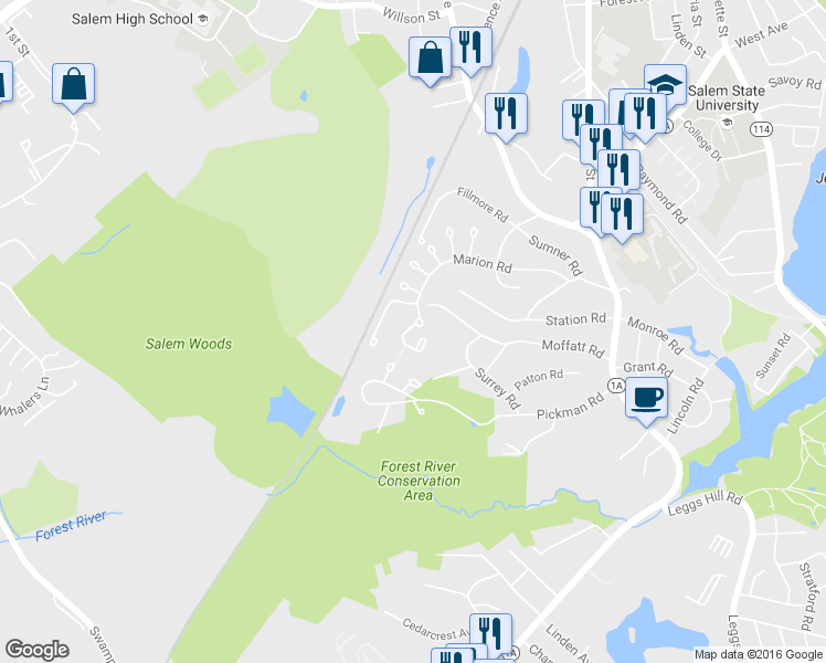 map of restaurants, bars, coffee shops, grocery stores, and more near 8 Russell Drive in Salem