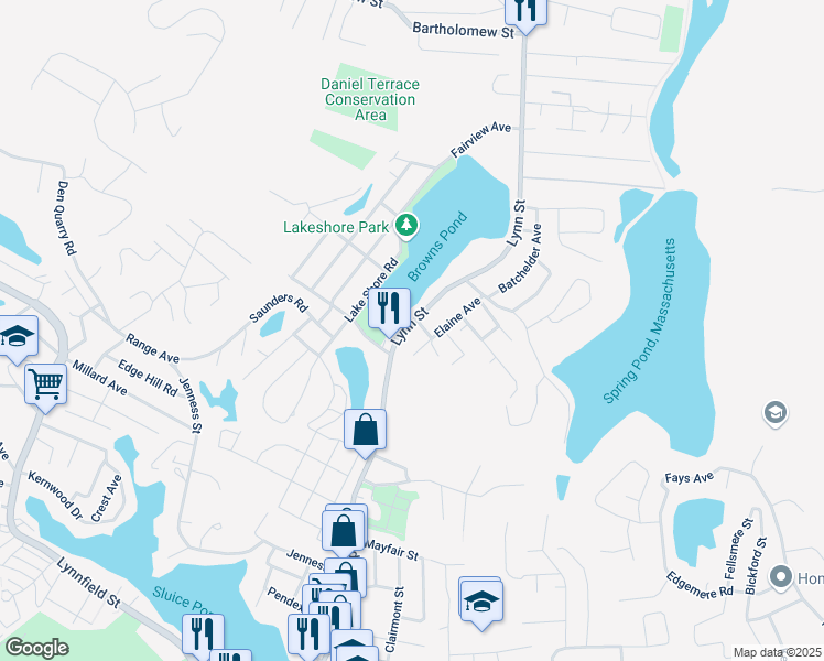 map of restaurants, bars, coffee shops, grocery stores, and more near 28-30 Elaine Avenue in Peabody