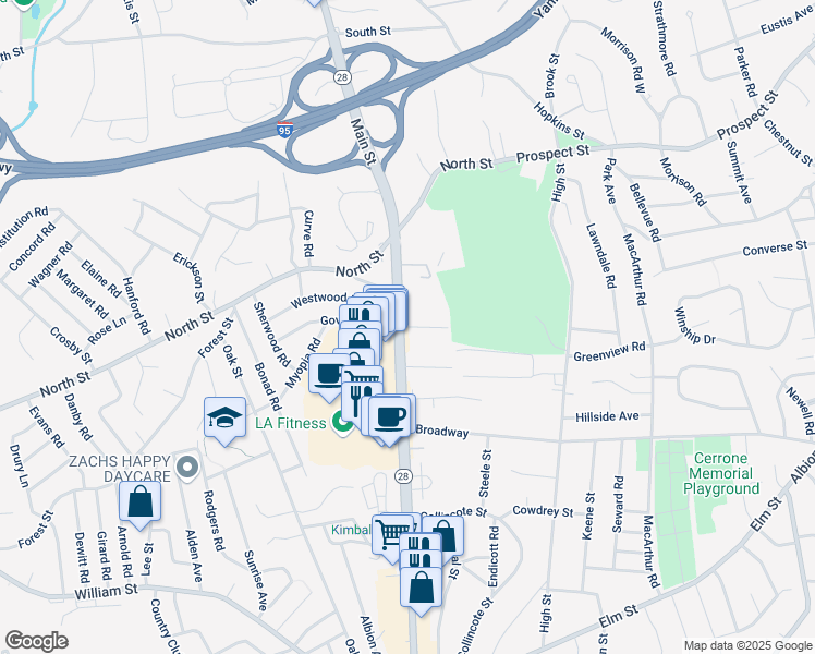 map of restaurants, bars, coffee shops, grocery stores, and more near 86 Main Street in Stoneham