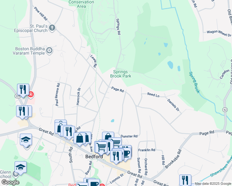 map of restaurants, bars, coffee shops, grocery stores, and more near 72 Dunster Road in Bedford