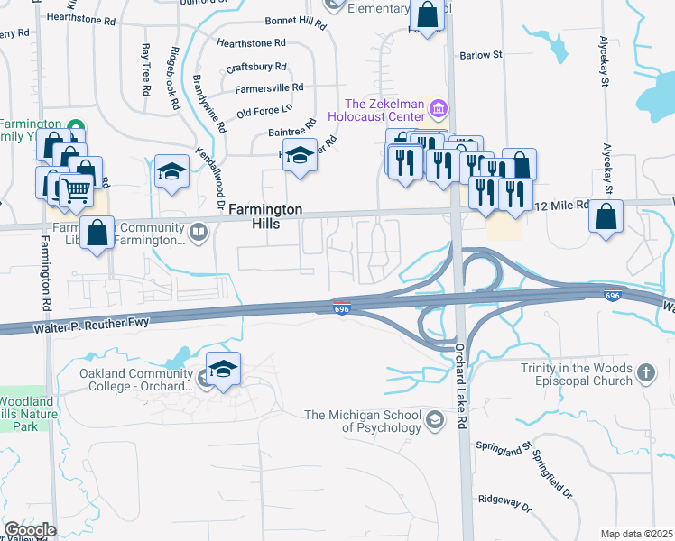 map of restaurants, bars, coffee shops, grocery stores, and more near 32013 West 12 Mile Road in Farmington Hills