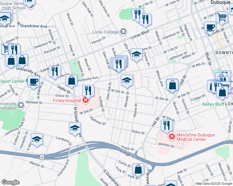 map of restaurants, bars, coffee shops, grocery stores, and more near 392 Glen Oak Street in Dubuque