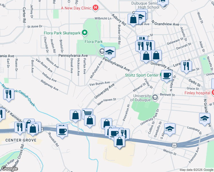 map of restaurants, bars, coffee shops, grocery stores, and more near 2638 University Avenue in Dubuque