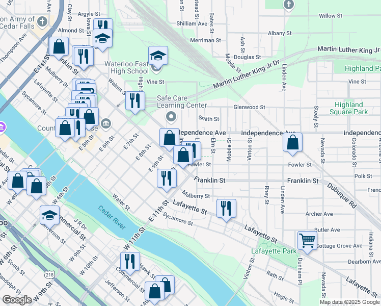 map of restaurants, bars, coffee shops, grocery stores, and more near 1129-1133 Franklin Street in Waterloo