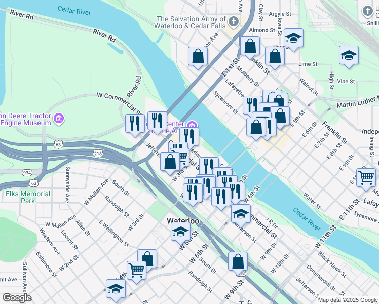 map of restaurants, bars, coffee shops, grocery stores, and more near 415 Commercial Street in Waterloo