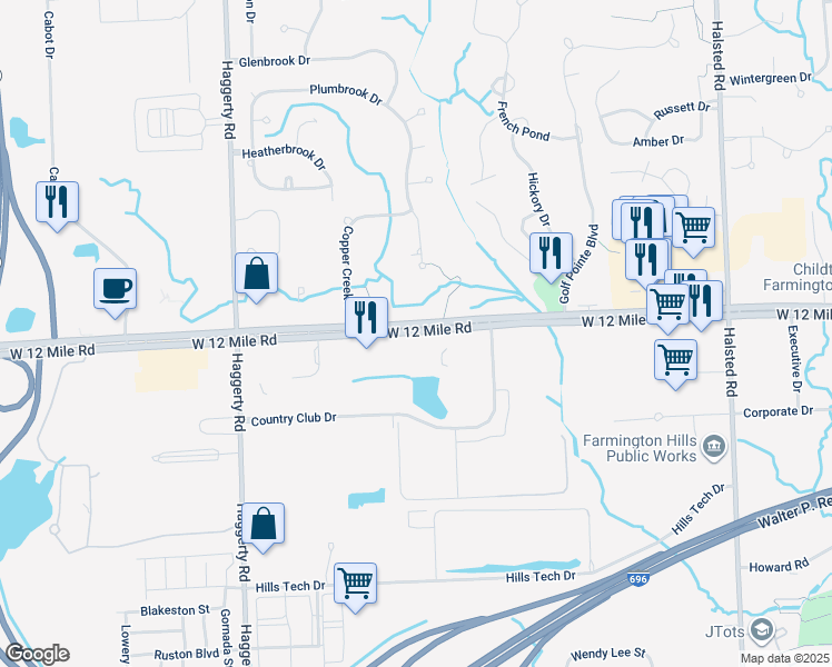 map of restaurants, bars, coffee shops, grocery stores, and more near 38799 Twelve Mile Road in Farmington Hills