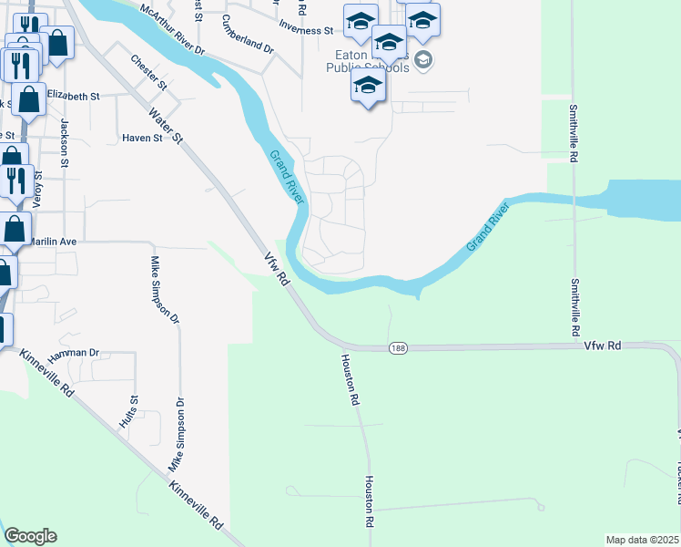 map of restaurants, bars, coffee shops, grocery stores, and more near 1707 Grand River Drive in Eaton Rapids
