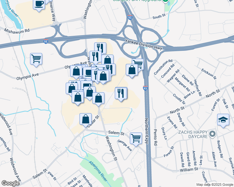 map of restaurants, bars, coffee shops, grocery stores, and more near 55 Cedar Street in Woburn