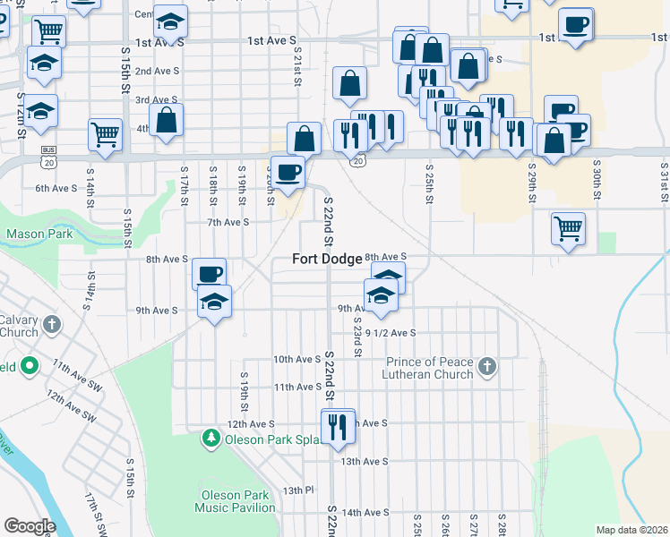 map of restaurants, bars, coffee shops, grocery stores, and more near 2221 Highland Park Avenue in Fort Dodge
