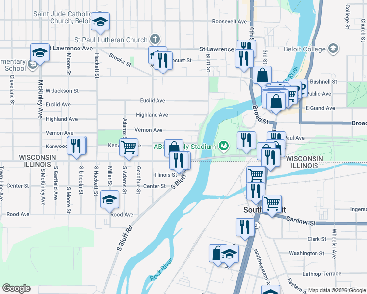 map of restaurants, bars, coffee shops, grocery stores, and more near 328 Kenwood Avenue in Beloit