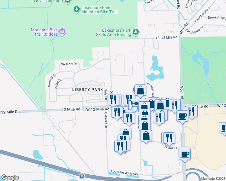 map of restaurants, bars, coffee shops, grocery stores, and more near 28000 Dixon Road in Novi