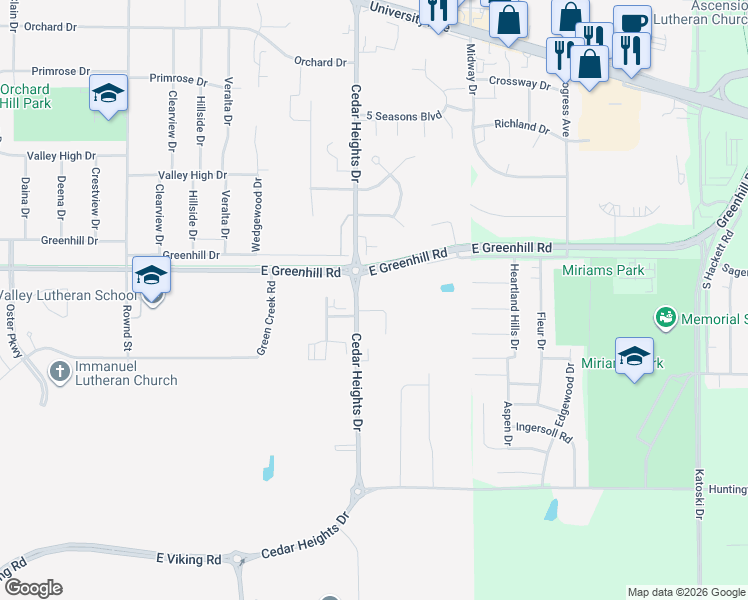 map of restaurants, bars, coffee shops, grocery stores, and more near 4601 Cedar Heights Dr in Cedar Falls