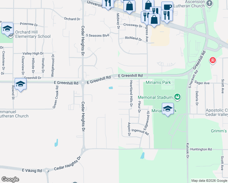 map of restaurants, bars, coffee shops, grocery stores, and more near 4054 Jill Drive in Waterloo