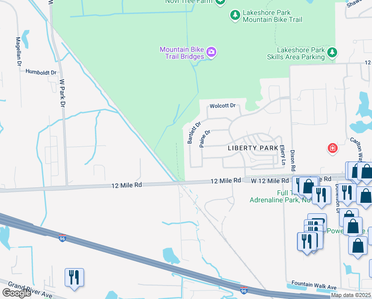 map of restaurants, bars, coffee shops, grocery stores, and more near 45131 Bartlett Drive in Novi