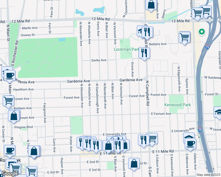map of restaurants, bars, coffee shops, grocery stores, and more near 807 North Blair Avenue in Royal Oak
