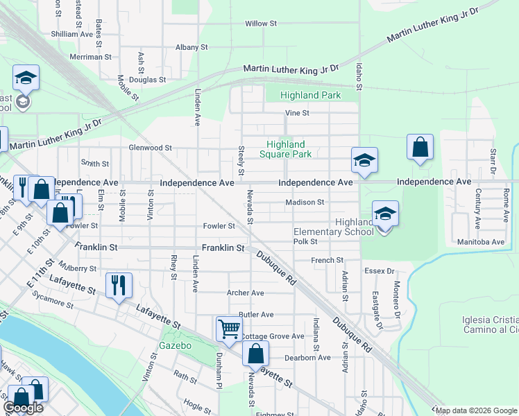 map of restaurants, bars, coffee shops, grocery stores, and more near 100-114 Monroe Street in Waterloo