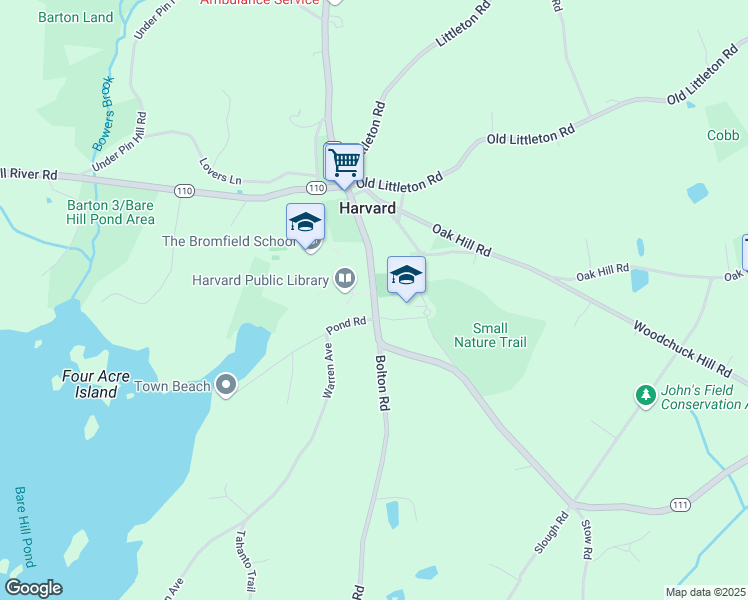 map of restaurants, bars, coffee shops, grocery stores, and more near 14 Mass Avenue in Harvard