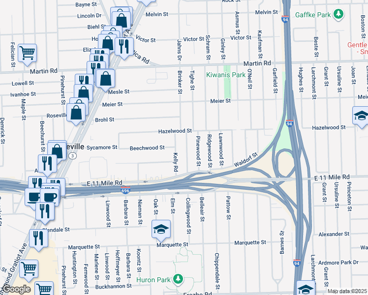 map of restaurants, bars, coffee shops, grocery stores, and more near 27271 Collingwood Street in Roseville