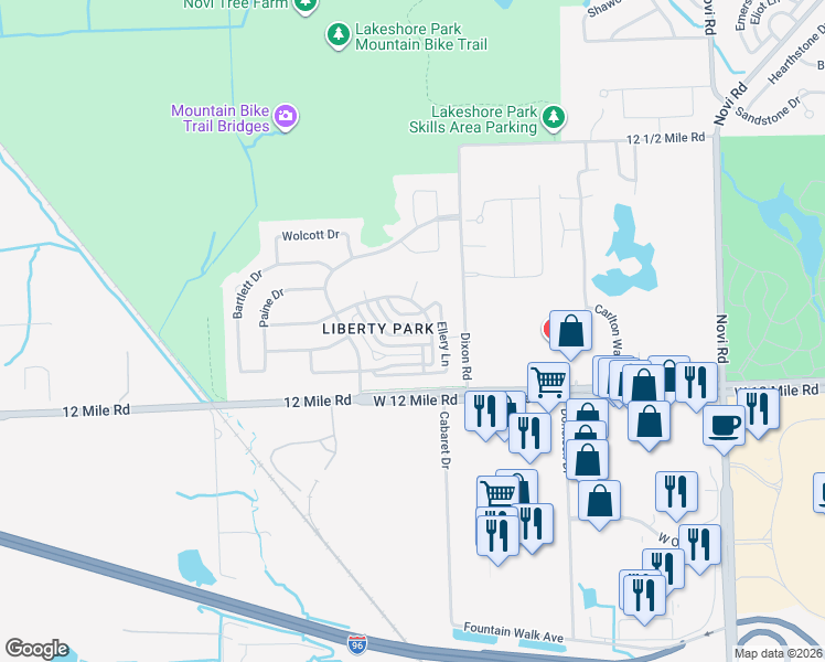 map of restaurants, bars, coffee shops, grocery stores, and more near 27865 Middleton Drive in Novi