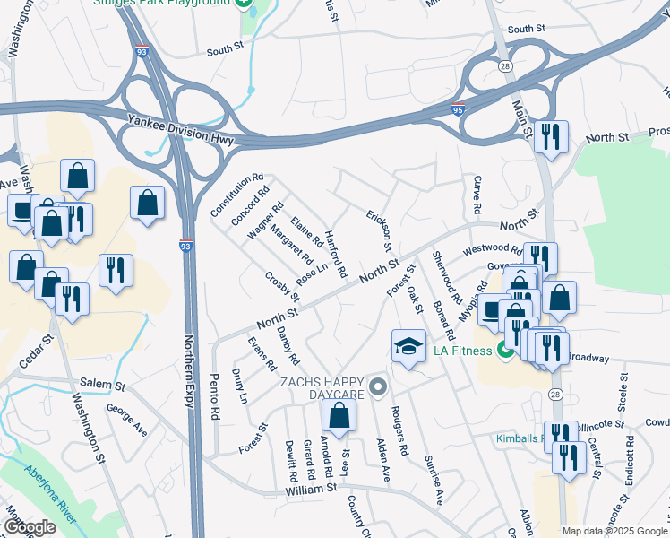 map of restaurants, bars, coffee shops, grocery stores, and more near 174 North Street in Stoneham