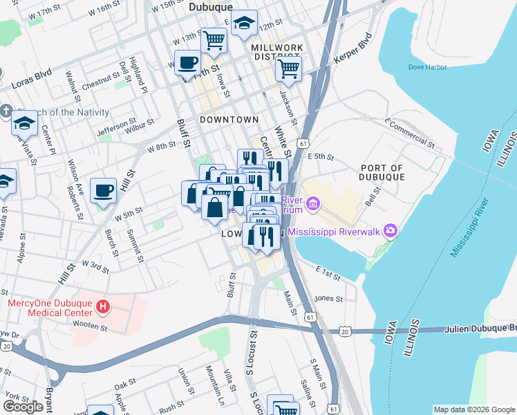 map of restaurants, bars, coffee shops, grocery stores, and more near 236 Main Street in Dubuque