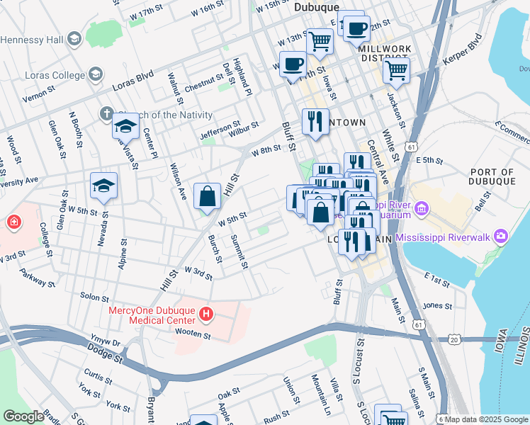 map of restaurants, bars, coffee shops, grocery stores, and more near 550 Cooper Place in Dubuque